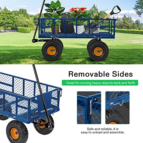 VIVOSUN Heavy-Duty Steel Garden Cart, 500-Pound Capacity, Steel Utility Garden Wagon with Removable Sides and 10" Pneumatic Tires for Outdoors, Lawns, Yards, Farms, and Ranches, Blue