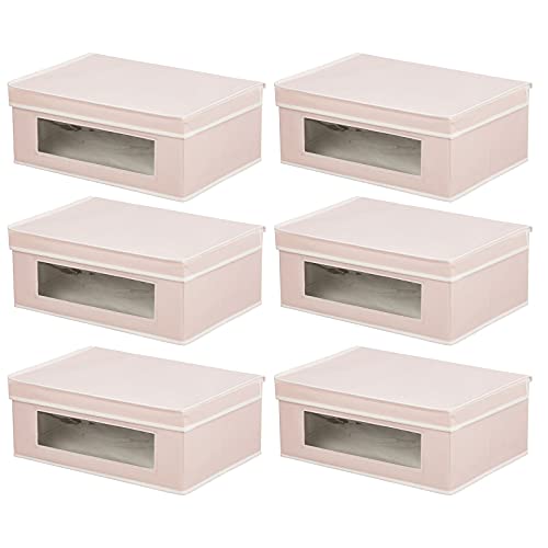 mDesign Fabric Stackable Slim Shelf Storage Organizer Box with Window/Attached Lid for Organizing Bedroom Closet - Holds Purses, Linens, Accessories - Jane Collection - 6 Pack, Pink/White