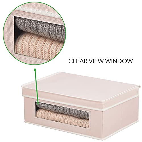 mDesign Fabric Stackable Slim Shelf Storage Organizer Box with Window/Attached Lid for Organizing Bedroom Closet - Holds Purses, Linens, Accessories - Jane Collection - 6 Pack, Pink/White