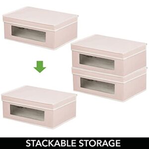 mDesign Fabric Stackable Slim Shelf Storage Organizer Box with Window/Attached Lid for Organizing Bedroom Closet - Holds Purses, Linens, Accessories - Jane Collection - 6 Pack, Pink/White