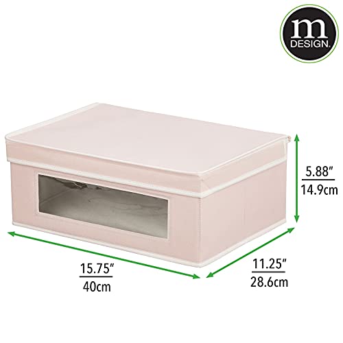 mDesign Fabric Stackable Slim Shelf Storage Organizer Box with Window/Attached Lid for Organizing Bedroom Closet - Holds Purses, Linens, Accessories - Jane Collection - 6 Pack, Pink/White