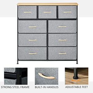 HOMCOM 9 Drawers Storage Chest Dresser Organizer Unit w/Steel Frame, Wood Top, Easy Pull Fabric Bins, for Bedroom, Hallway, Closet, Entryway, Oak & Grey