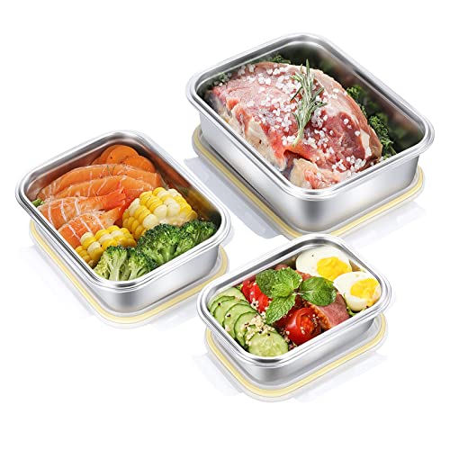 Tikafu 18/8 Stainless Steel Food Containers | Food Preservation Lunch Box | Leak Proof Stackable Light and Easy Storage | Set of 3 (21oz/43oz/76oz) | BPA FREE, B4200