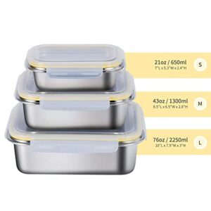 Tikafu 18/8 Stainless Steel Food Containers | Food Preservation Lunch Box | Leak Proof Stackable Light and Easy Storage | Set of 3 (21oz/43oz/76oz) | BPA FREE, B4200