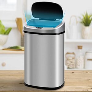 better choicet kitchen trash can automatic touch motion sensor garbage with close slowly, stainless steel bin lid, waste for bathroom bedroom, 13 gallon / 50 liter, silver, 16.1x11.1x23.2''