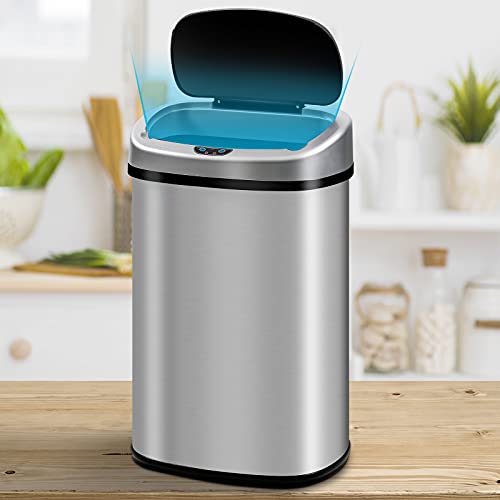 Better Choicet Kitchen Trash Can Automatic Touch Motion Sensor Garbage with Close Slowly, Stainless Steel Bin Lid, Waste for Bathroom Bedroom, 13 Gallon / 50 Liter, Silver, 16.1x11.1x23.2''