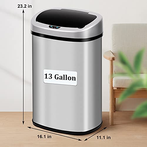 Better Choicet Kitchen Trash Can Automatic Touch Motion Sensor Garbage with Close Slowly, Stainless Steel Bin Lid, Waste for Bathroom Bedroom, 13 Gallon / 50 Liter, Silver, 16.1x11.1x23.2''