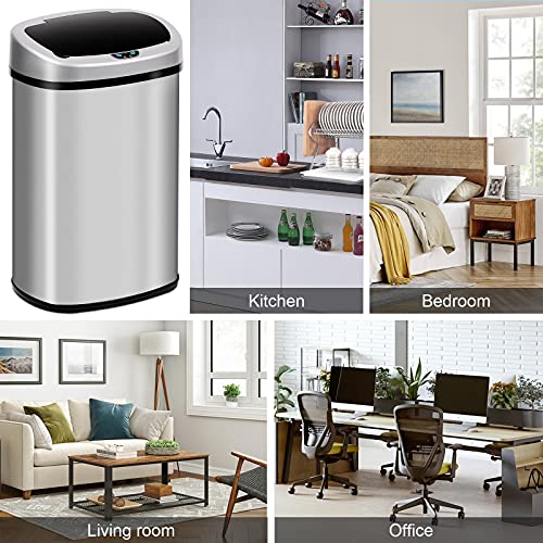Better Choicet Kitchen Trash Can Automatic Touch Motion Sensor Garbage with Close Slowly, Stainless Steel Bin Lid, Waste for Bathroom Bedroom, 13 Gallon / 50 Liter, Silver, 16.1x11.1x23.2''