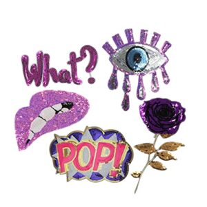 sequin big eye rose english letter embroidery appliques ironing sewing patches diy clothing decoration 5 pcs