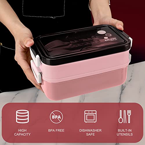 SAVTON Adult Bento Lunch Box Kit, Bento Boxes Portable Lunch Box, Adult Bento Box with Lunch Bag, Bento Lunch Containers for Women, 1200ml Large Capacity Lunchbox BPA-Free(Pink Metal)