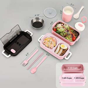 SAVTON Adult Bento Lunch Box Kit, Bento Boxes Portable Lunch Box, Adult Bento Box with Lunch Bag, Bento Lunch Containers for Women, 1200ml Large Capacity Lunchbox BPA-Free(Pink Metal)