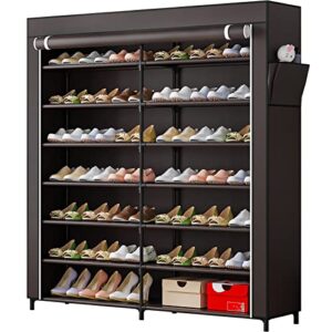 yizaijia 7-tier shoe rack storage organizer 42 pairs portable double row with dustproof cover non-woven shoe storage cabinet (coffee)