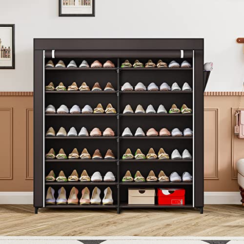 YIZAIJIA 7-Tier Shoe Rack Storage Organizer 42 Pairs Portable Double Row with Dustproof Cover Non-Woven Shoe Storage Cabinet (Coffee)