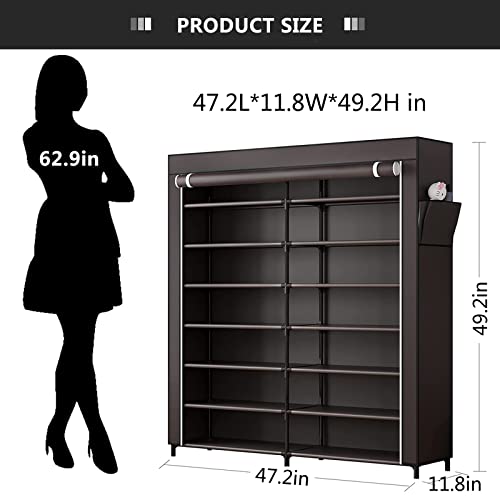YIZAIJIA 7-Tier Shoe Rack Storage Organizer 42 Pairs Portable Double Row with Dustproof Cover Non-Woven Shoe Storage Cabinet (Coffee)
