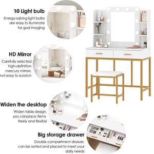 Vabches Makeup Vanity with Lighted Mirror,Vanity Mirror with Lights and Table Set,Vanity Set with 10 LED,Vanity Desk with 3 Lighting Modes and 2 Drawers&Cushioned Stool for Bedroom.