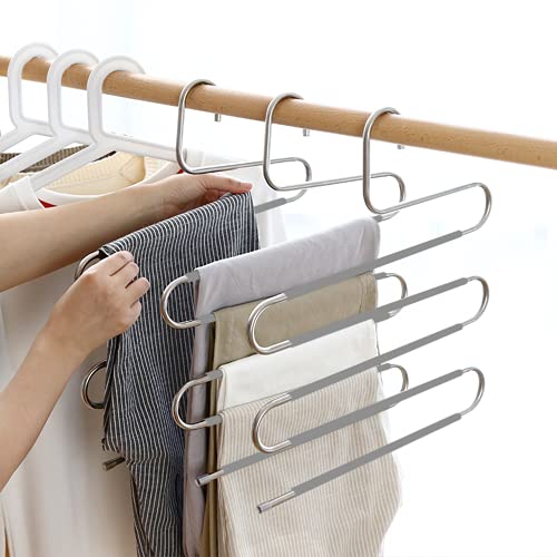 Pants Hangers Non Slip Space Saving Hangers 6 Pack S-Shape Trousers Hangers Stainless Steel Clothes Hangers Closet Organizer for Pants Jeans Scarf Trouser Tie Towel(6 Pack Gray)