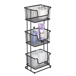 mdesign tall 3 basket tiered bathroom holder, metal wire floor stand storage layered rack with three tier storage shelving bathroom organizer bins for bath towels, hand soap, and toiletries - black