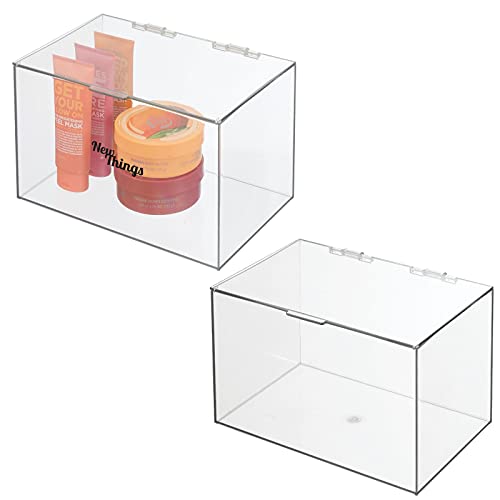 mDesign Plastic Stackable Bathroom Storage Organizer Box with Hinged Lid - for Cabinet, Vanity Organizer for Makeup, First Aid, Hair Accessories - 6.5" High - 2 Pack, Includes 32 Labels - Clear