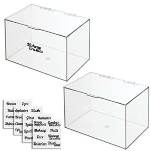 mDesign Plastic Stackable Bathroom Storage Organizer Box with Hinged Lid - for Cabinet, Vanity Organizer for Makeup, First Aid, Hair Accessories - 6.5" High - 2 Pack, Includes 32 Labels - Clear