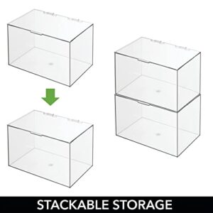 mDesign Plastic Stackable Bathroom Storage Organizer Box with Hinged Lid - for Cabinet, Vanity Organizer for Makeup, First Aid, Hair Accessories - 6.5" High - 2 Pack, Includes 32 Labels - Clear