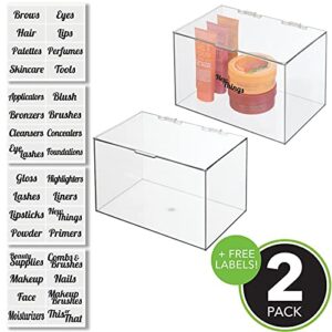 mDesign Plastic Stackable Bathroom Storage Organizer Box with Hinged Lid - for Cabinet, Vanity Organizer for Makeup, First Aid, Hair Accessories - 6.5" High - 2 Pack, Includes 32 Labels - Clear