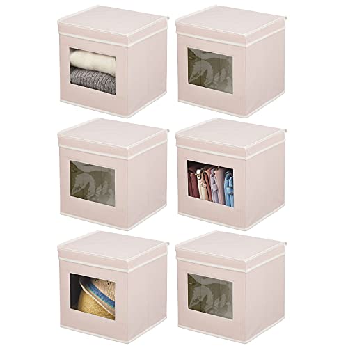 mDesign Fabric Stackable Square Cube Storage Organizer Box with Window and Attached Lid for Organizing Bedroom Closet - Holds Purses, Linens, Accessories - Jane Collection - 6 Pack - Pink/White