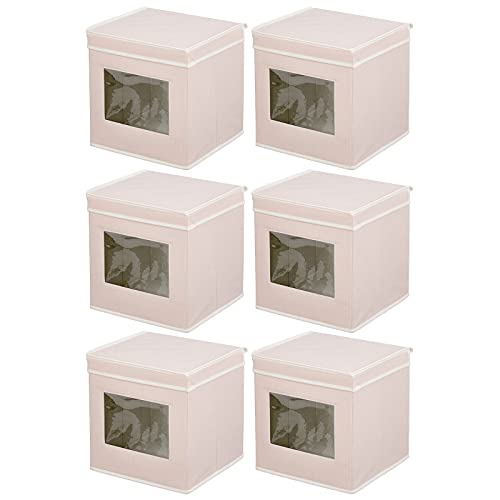 mDesign Fabric Stackable Square Cube Storage Organizer Box with Window and Attached Lid for Organizing Bedroom Closet - Holds Purses, Linens, Accessories - Jane Collection - 6 Pack - Pink/White