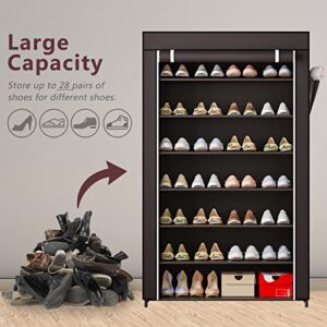 YIZAIJIA Shoe Rack 7 Tier Portable Metal Storage Organizer Dust Cover Non Woven with Side Pocket Shoe Shelf Cabinet for Entryway Bedroom Closet, Coffee