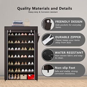 YIZAIJIA Shoe Rack 7 Tier Portable Metal Storage Organizer Dust Cover Non Woven with Side Pocket Shoe Shelf Cabinet for Entryway Bedroom Closet, Coffee