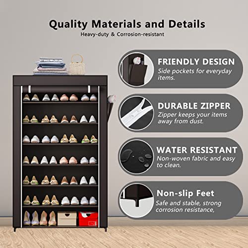 YIZAIJIA Shoe Rack 7 Tier Portable Metal Storage Organizer Dust Cover Non Woven with Side Pocket Shoe Shelf Cabinet for Entryway Bedroom Closet, Coffee