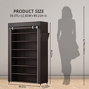 YIZAIJIA Shoe Rack 7 Tier Portable Metal Storage Organizer Dust Cover Non Woven with Side Pocket Shoe Shelf Cabinet for Entryway Bedroom Closet, Coffee