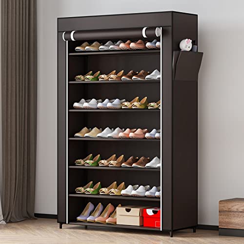 YIZAIJIA Shoe Rack 7 Tier Portable Metal Storage Organizer Dust Cover Non Woven with Side Pocket Shoe Shelf Cabinet for Entryway Bedroom Closet, Coffee