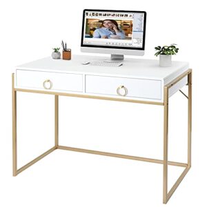 anmytek home office writing desk 2 drawers storage, contemporary makeup vanity table study desk, w/matte white and gold finish frame d0003