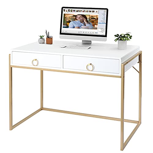 Anmytek Home Office Writing Desk 2 Drawers Storage, Contemporary Makeup Vanity Table Study Desk, W/Matte White and Gold Finish Frame D0003