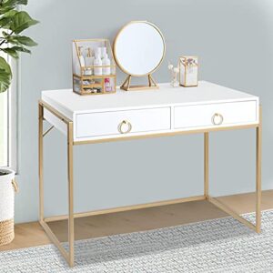 Anmytek Home Office Writing Desk 2 Drawers Storage, Contemporary Makeup Vanity Table Study Desk, W/Matte White and Gold Finish Frame D0003