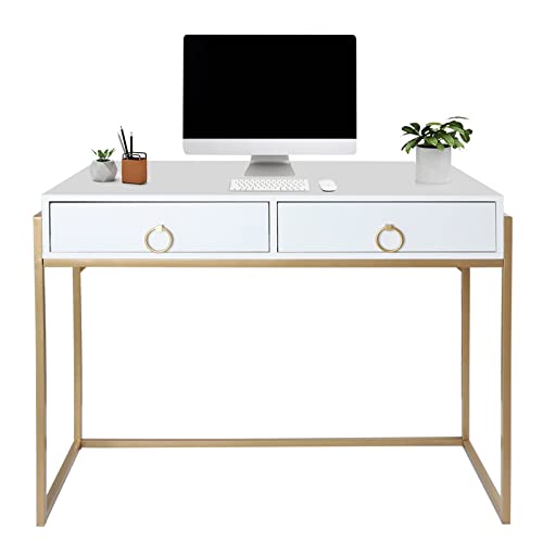 Anmytek Home Office Writing Desk 2 Drawers Storage, Contemporary Makeup Vanity Table Study Desk, W/Matte White and Gold Finish Frame D0003