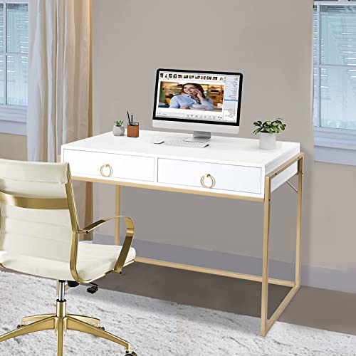 Anmytek Home Office Writing Desk 2 Drawers Storage, Contemporary Makeup Vanity Table Study Desk, W/Matte White and Gold Finish Frame D0003