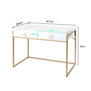 Anmytek Home Office Writing Desk 2 Drawers Storage, Contemporary Makeup Vanity Table Study Desk, W/Matte White and Gold Finish Frame D0003