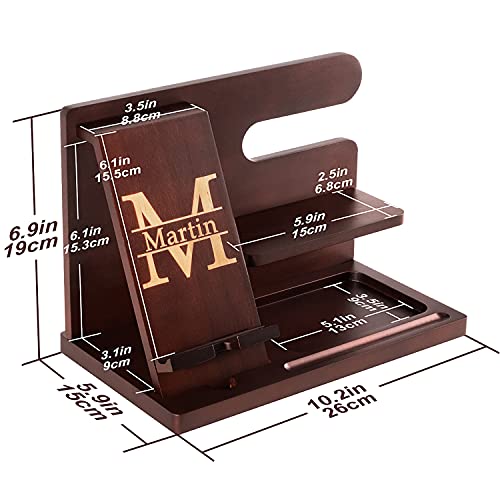 Personalized Wood Phone Docking Station Nightstand Organizer - Wallet Stand Watch Organizer Gadgets For Men Women Husband Boyfriend Dad Son Grandpa Gifts - Birthday Anniversary Fathers Day Christmas