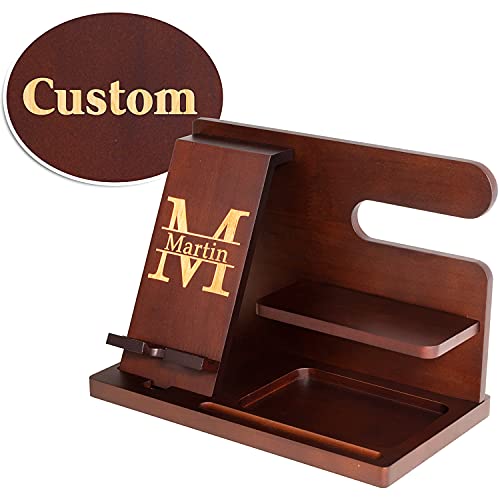 Personalized Wood Phone Docking Station Nightstand Organizer - Wallet Stand Watch Organizer Gadgets For Men Women Husband Boyfriend Dad Son Grandpa Gifts - Birthday Anniversary Fathers Day Christmas