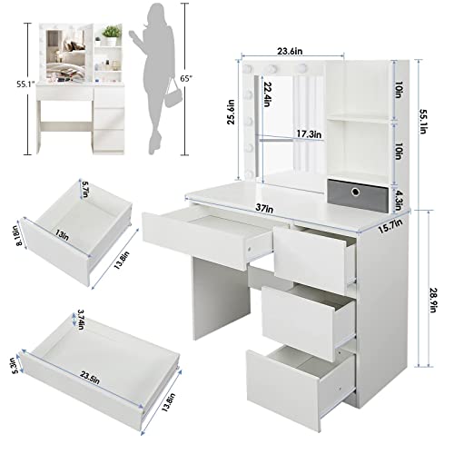 Makeup Vanity with Lights, 37inch Vanity Desk, 4 Large Drawers Dresser with Lighted Mirror, 3 Lighting Modes Brightness Adjustable, White