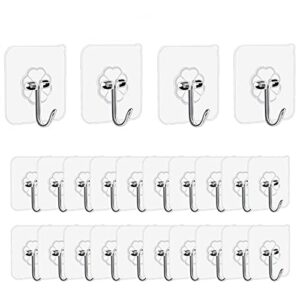 wall hooks 22lb(max) heavy duty self adhesive hooks,waterproof and oilproof,transparent reusable seamless hooks strong,suitable for bathroom kitchen,20 pack