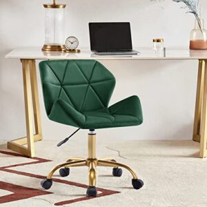 Duhome Cute Home Office Chair, Velvet Swivel Desk Chair Armless Hydraulic Rolling Computer Chair with Backrest Golden Base for Teens Girls, Dark Green