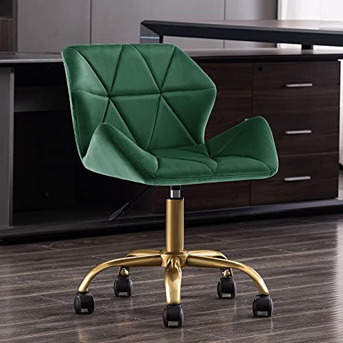 Duhome Cute Home Office Chair, Velvet Swivel Desk Chair Armless Hydraulic Rolling Computer Chair with Backrest Golden Base for Teens Girls, Dark Green