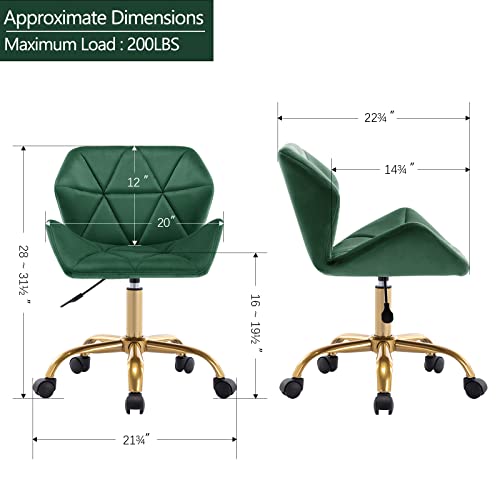 Duhome Cute Home Office Chair, Velvet Swivel Desk Chair Armless Hydraulic Rolling Computer Chair with Backrest Golden Base for Teens Girls, Dark Green