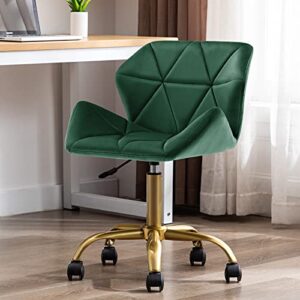 Duhome Cute Home Office Chair, Velvet Swivel Desk Chair Armless Hydraulic Rolling Computer Chair with Backrest Golden Base for Teens Girls, Dark Green