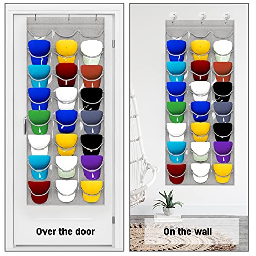 shiningwaner Hat Rack Organizer for Wall/Over The Door, Baseball Cap Organizer with 24 Clear Deep Pockets, Closet Hat Storage Organizer Hanging with Over Door Hooks, Light Grey