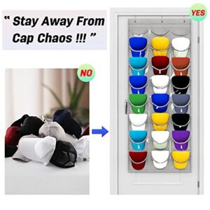 shiningwaner Hat Rack Organizer for Wall/Over The Door, Baseball Cap Organizer with 24 Clear Deep Pockets, Closet Hat Storage Organizer Hanging with Over Door Hooks, Light Grey