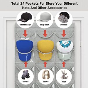 shiningwaner Hat Rack Organizer for Wall/Over The Door, Baseball Cap Organizer with 24 Clear Deep Pockets, Closet Hat Storage Organizer Hanging with Over Door Hooks, Light Grey