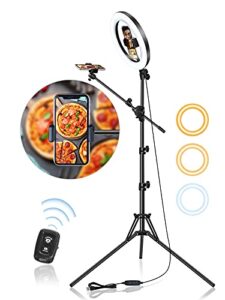 selfie ring light with stand and phone holder with tripod stand & cell phone holder,overhead camera phone mount led halo circle lights phone stand for video recording/live stream/vlog/youtube/tiktok